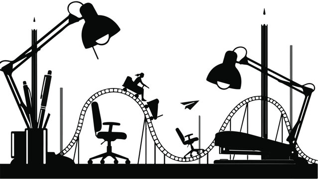 Whimsical office scene with a rollercoaster of desk items symbolizing work chaos and creativity.