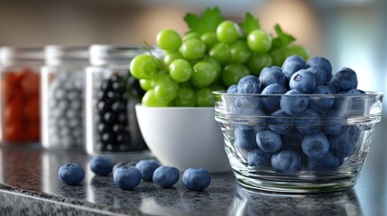 Fresh fruits displayed in bowls and jars on kitchen counter in bright light during daytime