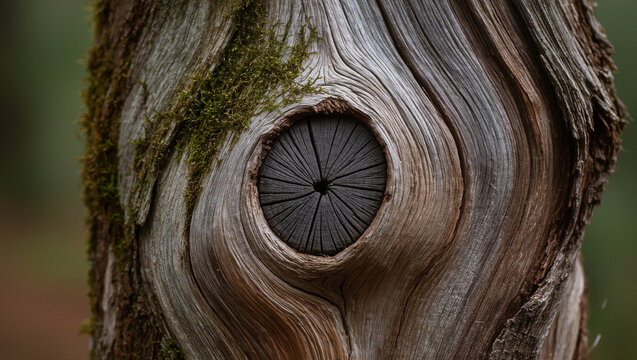 Weathered Tree Trunk Detail with Dark Circular Knot and Organic Textures