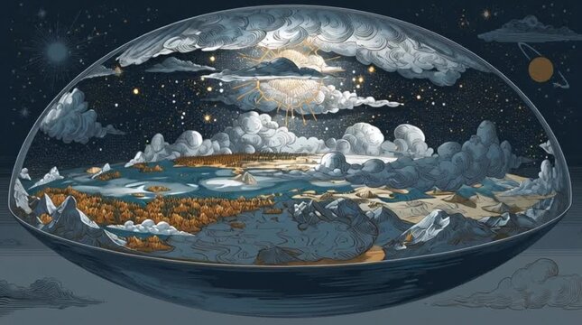 Cosmic Egg Theory Flat Earth Firmament Mythology Engraving Style