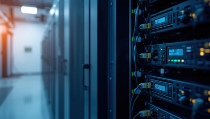 Secure server rack with glowing status lights and network cables in data center