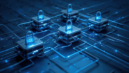 Secure cloud data storage network with glowing padlock modules and circuitry