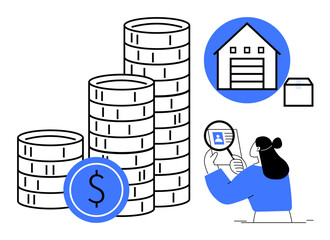 Financial growth concept stacked coins, warehouse, and a magnifying glass emphasizing business solutions. Financial strategy, business management, investments, and profit generation are key ideas