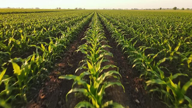 Wide angle view of young green crops planted in parallel rows representing agricultural production and sustainability