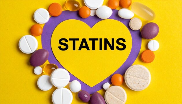 Heart-shaped statins label surrounded by assorted pills on yellow.