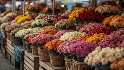 Fototapeta premium Colorful rose bouquet market display exuding cheerful warmth and seasonal charm