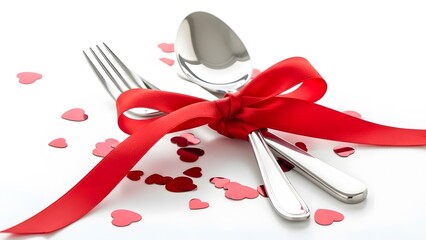 Silver cutlery tied with a red ribbon and surrounded by heart confetti, symbolizing love.