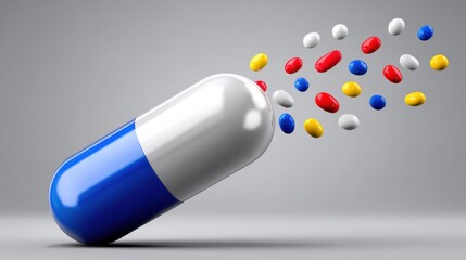 Large capsule opens to release smaller colorful pills and tablets in a plain background