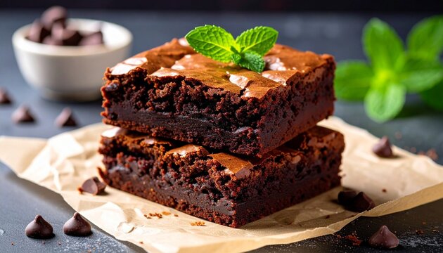 Rich and Decadent Chocolate Brownies Topped with Fresh Mint Leaves, a Perfect Dessert Treat