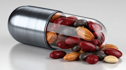 Colorful capsule filled with various nuts and beans on a plain surface in bright light