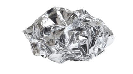 A crumpled ball of shiny silver aluminum foil isolated on white background for wrapping or crafting purposes with metal and packaging and recyclable