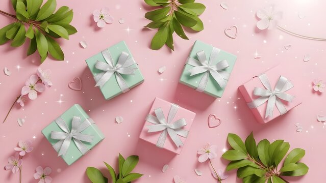 Overhead view of pastel gift boxes with silver ribbons and cherry blossoms on a pink background.