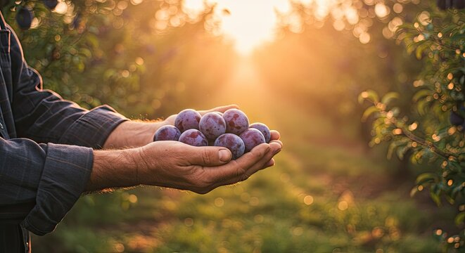 Farmer holding fresh plums in orchard sunlight harvesting healthy produce
