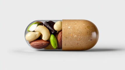 Healthy snack capsule with mixed nuts and dried fruits on a plain background