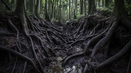 Dense tangled roots of ancient cypress trees forming a path through a dark mysterious forest floor