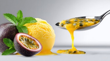 Tropical fruit passion and ice cream with green mint on a light background in a simple setup