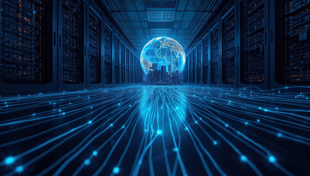 Secure cloud networking data center with glowing globe and neon fiber connections