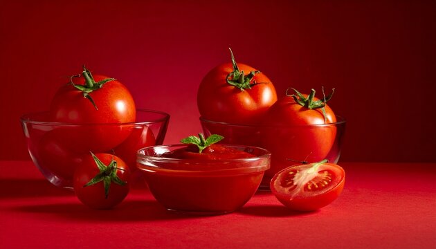 Vibrant red tomatoes and freshly prepared tomato sauce, showcasing the natural beauty and culinary versatility of garden-fresh produce on a rich crimson background