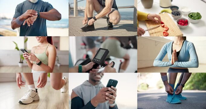 Hands, collage and people with fitness, wellness and nutrition with shoes for training. Smartphone, composite and athlete with digital app to track progress, exercise and practice for stress relief
