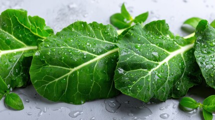 Fresh collard greens with water droplets on a gray surface in a kitchen setting during the day