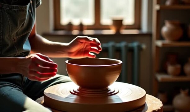 A potter&rsquo;s hands shape clay on a spinning wheel, kneading texture; warm kiln glow, earthy aroma, and careful precision create a vessel that&rsquo;s both art and utility, soothing the mind. 4K and HD Video