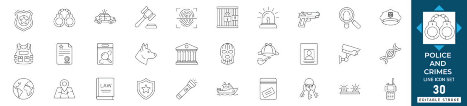 Police and law enforcement line icon set featuring patrol cars, officer gear, and public safety symbols. Perfect for emergency apps, news, and security UI. Editable.

