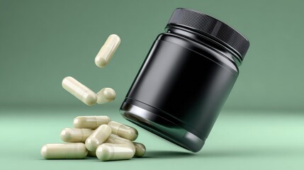 Black container with green capsules falling on a light green surface in a well-lit setting