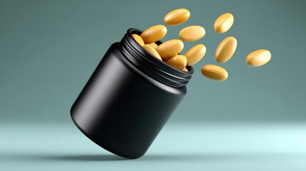 Yellow pills flying out of a black bottle against a green background in a simple layout