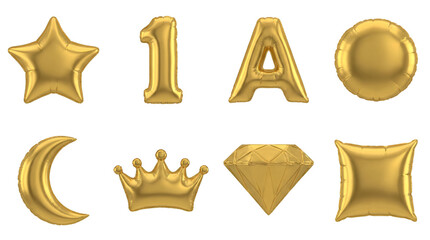 Gold foil balloon set including star, number one, letter A, circle, moon, crown, diamond, and square isolated. Party decoration and celebration event collection.