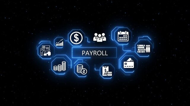 Payroll concept with and symbols on a dark background with neon blue outlines representing business finance and accounting
