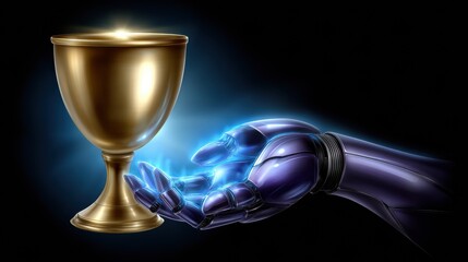 Robot hand reaching for a golden cup in a dark space during a futuristic competition
