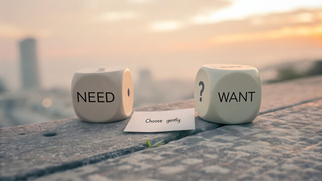 Two dice showing need and want with a choose gently message