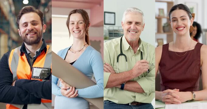 People, variety and montage with career, face and smile with engineering, fitness or pride at workplace. Happy man, women and job with doctor, yoga teacher or technician with confidence in portrait