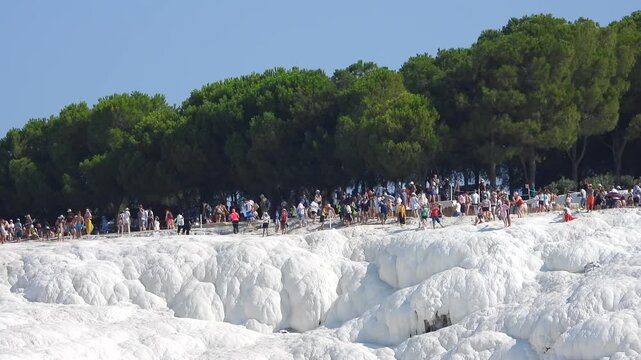 Visitors walk across white calcium carbonate travertines of Pamukkale cotton castle landscape. Tourists explore shimmering mineral terraces formed by hot spring waters at world heritage site.