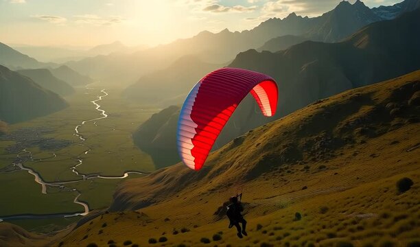 A breathtaking hillside launch as a paraglider carves a bright arc above valleys; wind whispers, dust trails fade, and a sense of fearless freedom accompanies the ascent and glide. 4K and HD Video
