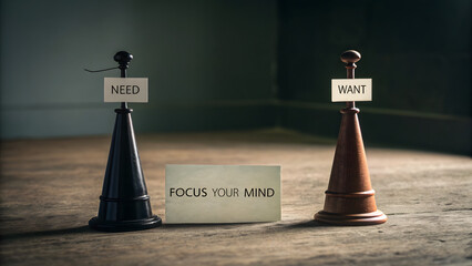 Two symbolic stands holding need and want labels in a dark nook