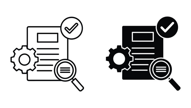 Document verification process with gear and magnifying glass
