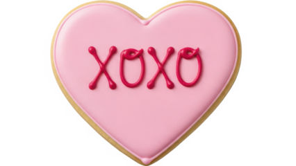 Delicious heart-shaped cookie with sweet pink icing and 'xoxo' message for special occasions isolated on transparent background