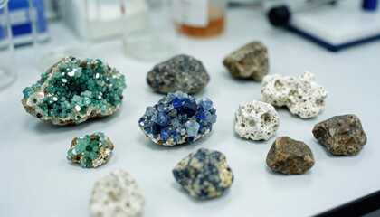 Collection of various mineral and rock specimens on a laboratory bench, showcasing geological diversity