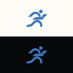 Fototapeta premium An energetic abstract logo illustrates a dynamic human figure in mid-run, constructed with flowing blue lines, symbolizing agility and swiftness.