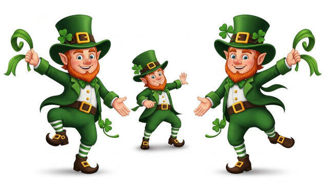 Three Leprechauns Dancing with Shamrocks on White Background