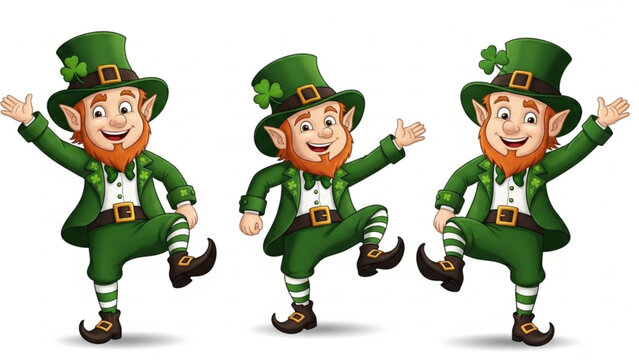 Three Leprechauns Dancing on White Background