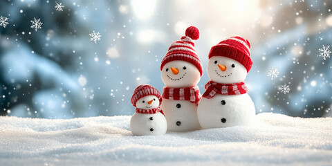 Obraz premium A heartwarming winter scene of a snowman family standing together on soft fluffy snow. They are wearing red knitted hats and scarves, surrounded by gentle falling snow with a blue bokeh background.