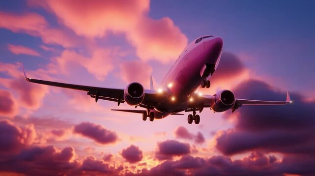 A majestic airplane captured in stunning flight against a vibrant sunset sky filled with colorful clouds, showcasing the beauty of aviation and travel in an enchanting atmosphere.
