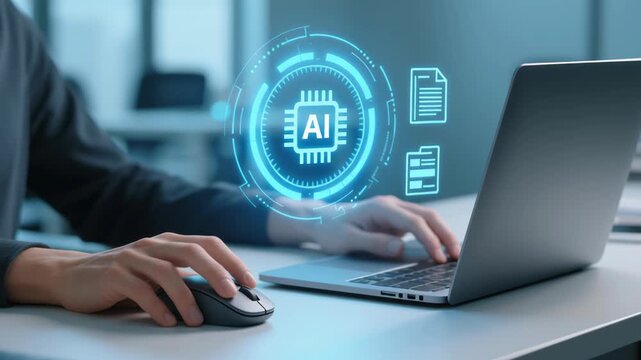AI agent analyzing data, generating reports. Business technology automation artificial intelligence digital innovation laptop computer office futuristic interface smart data processing concept