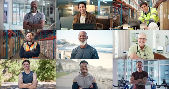 Montage, career and face of men in workplace for shipping, personal trainer and healthcare service. Series, professional collage and workers for medical job, logistics and business portrait in office