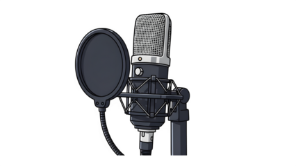 Professional condenser microphone with pop filter isolated on transparent background