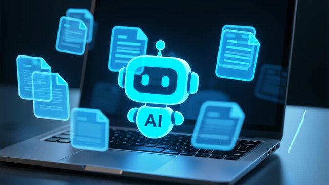 AI agent analyzing data, generating reports. Artificial intelligence robot hologram floating above laptop screen with digital document icons symbolizing business automation technology innovation
