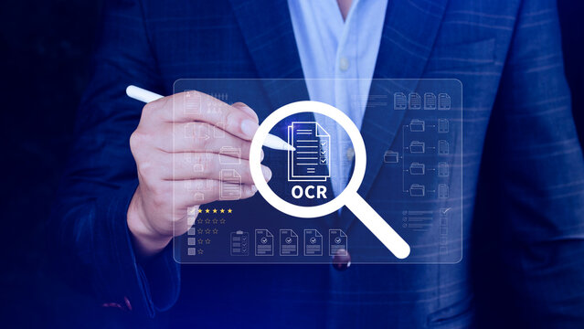OCR technology concepts. using AI powered OCR with virtual interface, representing intelligent document scanning, text recognition, automation processing tools. not ai