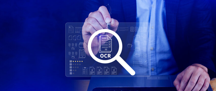 OCR technology concepts. using AI powered OCR with virtual interface, representing intelligent document scanning, text recognition, automation processing tools. not ai